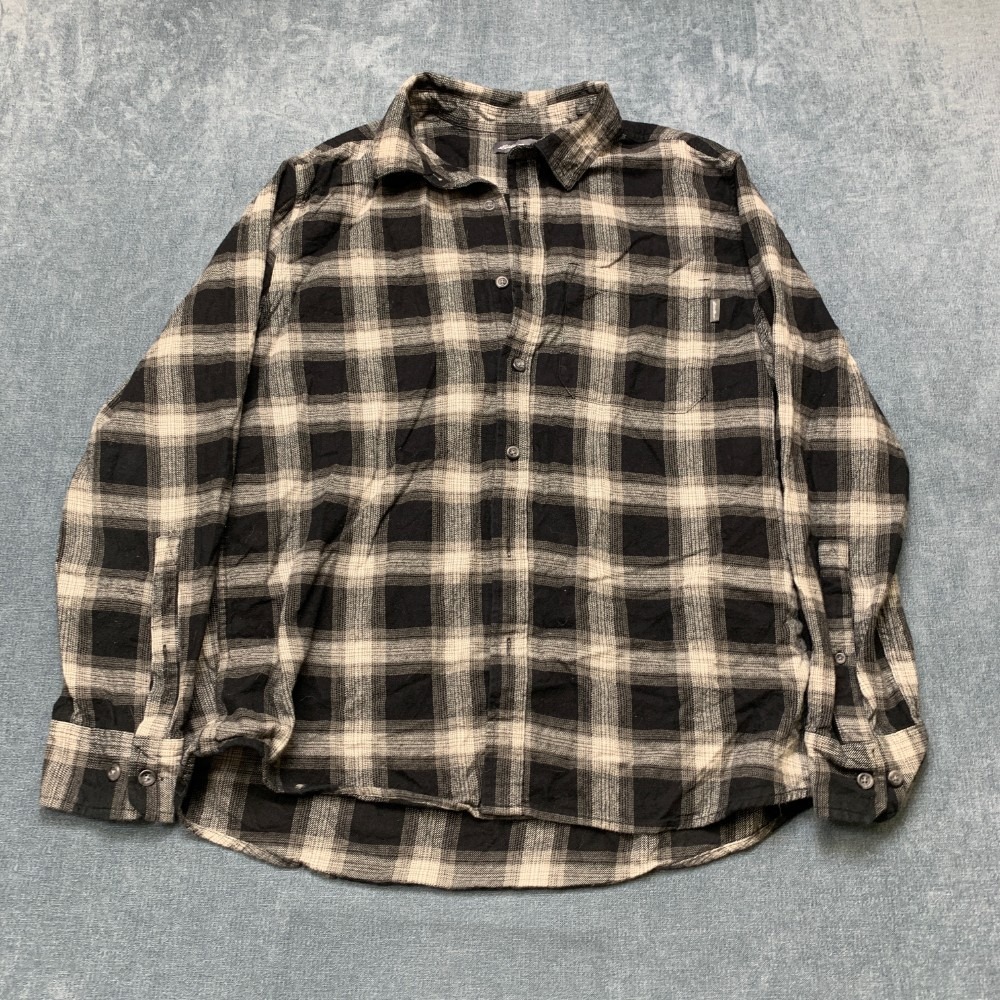 Eddie Bauer Flannel Shirt Mens Large Beige Black Plaid Logo Streetwear Button Up